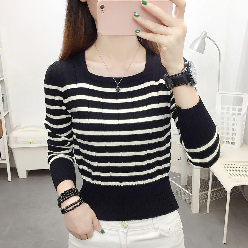 Women's Square Neck Striped Sweater Spring Autumn Fashion Designed Long Sleeve Top Short Length Knitted Base Layer
