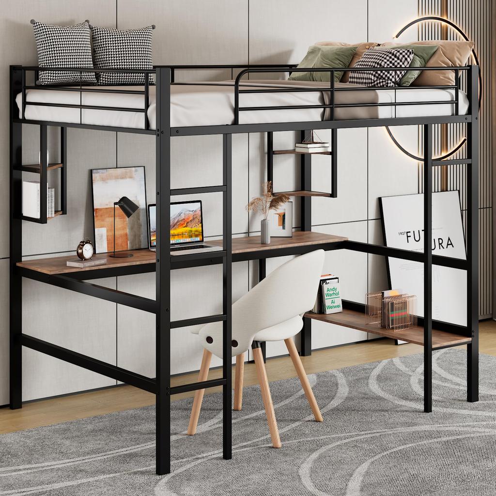 Bunk Bed 90x200 Cm Black, Iron Bed Desk, 4 Small Shelves, Large Bookcase, Safety Ladder, for Children's Room/adults
