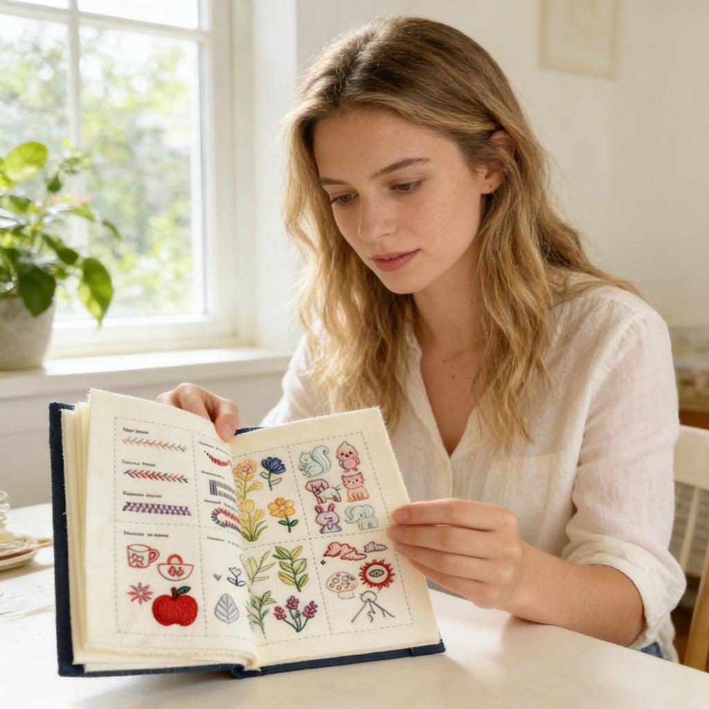 Stickbuch-Set für Anfänger, All-in-One Handstick-Lern- & Übungsbuch mit Stoffseiten, 100+ Muster, Stickrahmen, Garn & Werkzeuge