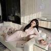 Pajamas with chest pads women's summer pure pink pants long sleeves long loose large size lace imitation cotton round neck loungewear set