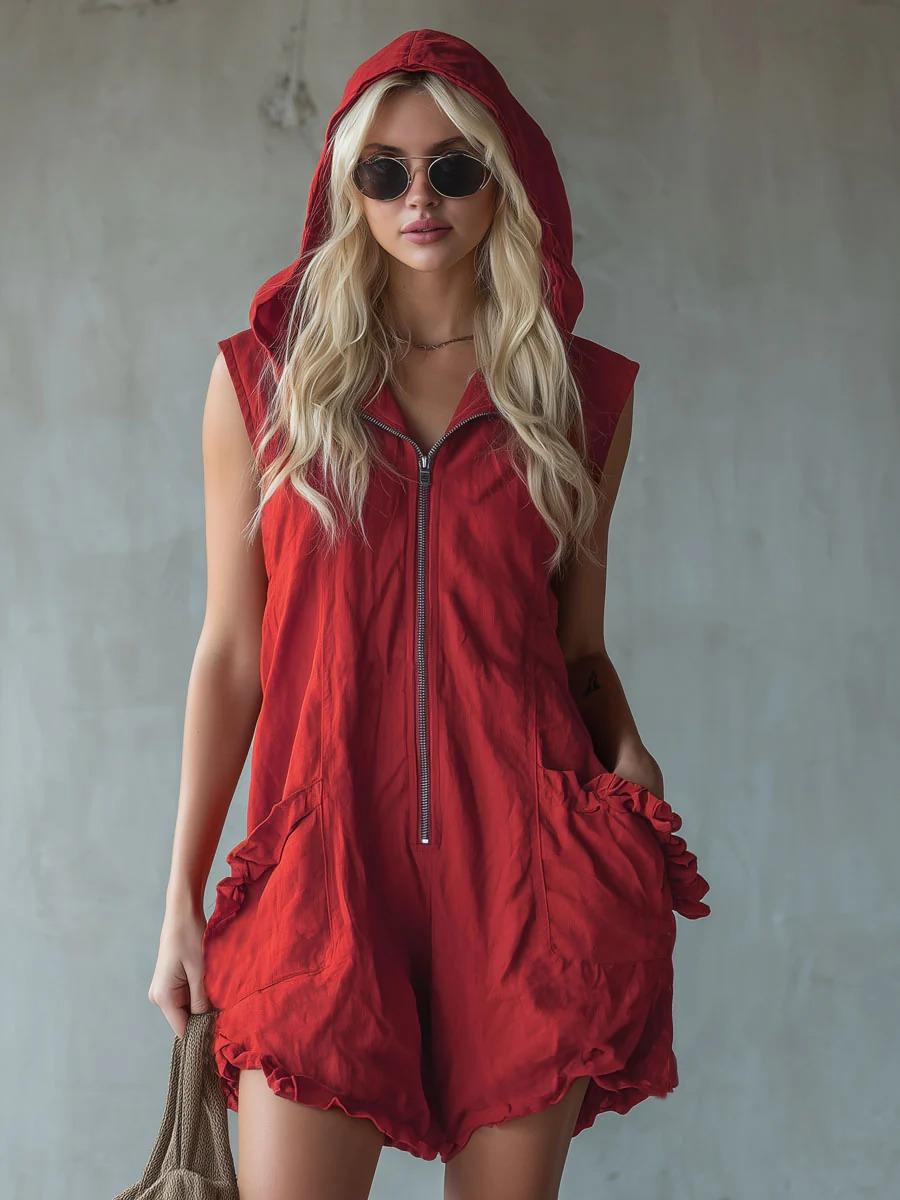 Mono Corto Sin Mangas de Algodón y Lino Estilo Retro con Cremallera 2XL rojo