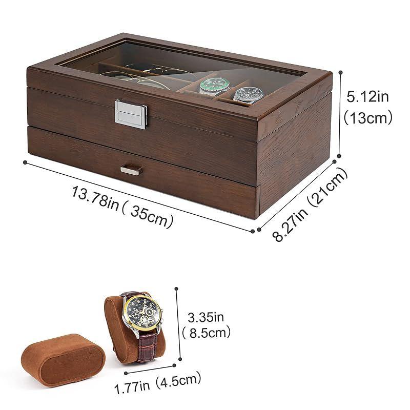 Used ProCase Wooden Men's Jewelry Box, 2 Tier Watch Holder & Sunglasses Box Organizer, Display Case with Clear Glass Top and Storage Drawer