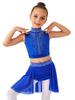 Children’s Sparkle Rhinestone Sleeveless Mock Neck Top Keyhole Back and Ruched Irregular Skirt for Dance Show Practice