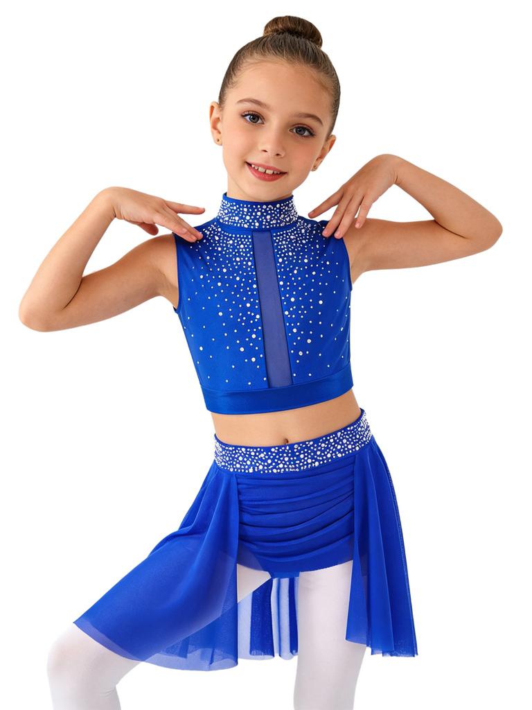 Children’s Sparkle Rhinestone Sleeveless Mock Neck Top Keyhole Back and Ruched Irregular Skirt for Dance Show Practice