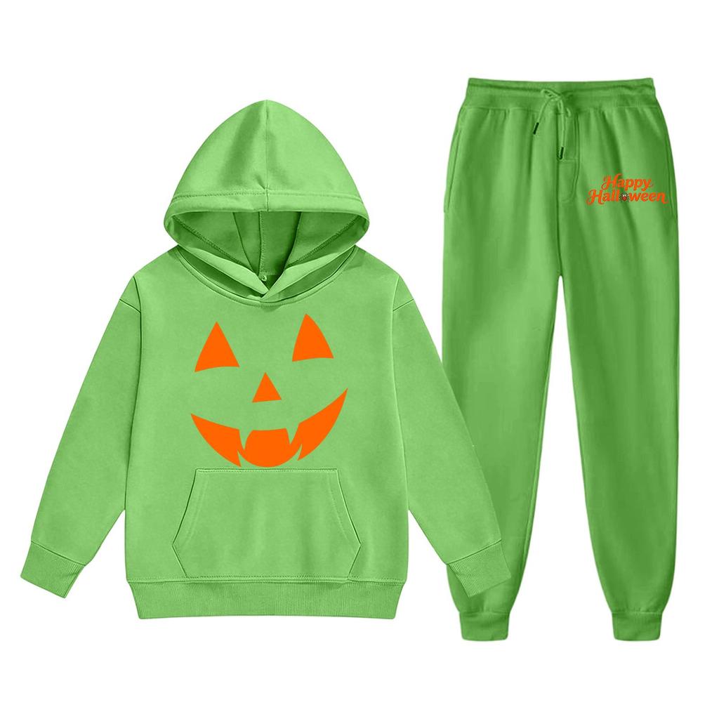Kids Halloween Hoodie Set with Pumpkin Face Print Long Sleeve Pullover and Matching Pants Comfortable Fit Soft Fabric Suitable for Fall Season