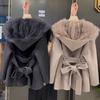Pink Hooded Coat Women's Autumn Winter Woolen Coat Fur Coat Fragrant Wind High End Lightweight Short Neck