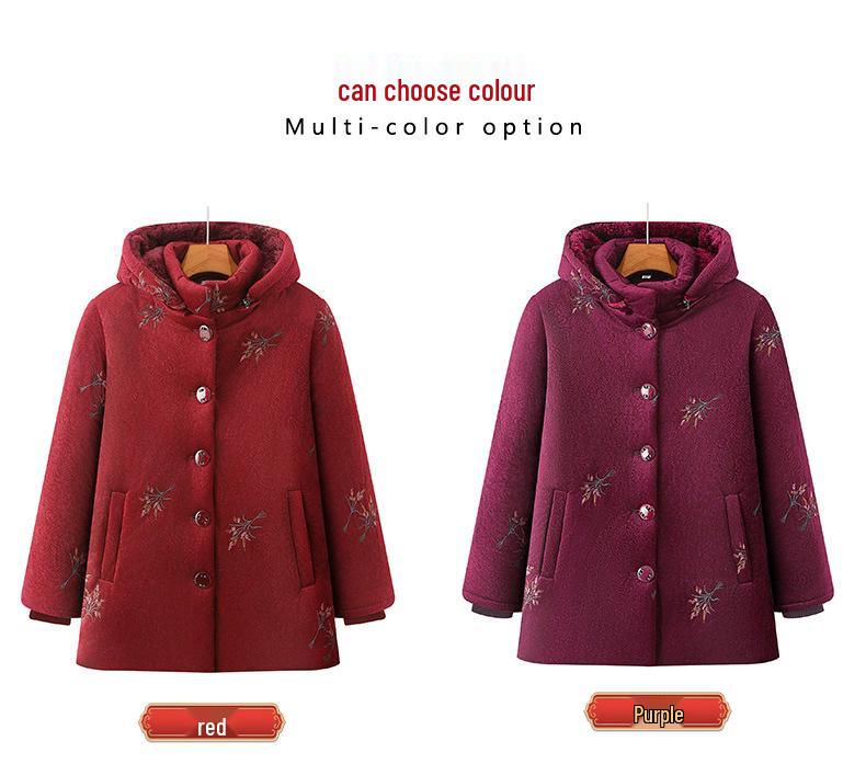 Grandma's Embroidered Velvet Hooded Jacket - Thick, Warm Cotton Padded for Middle-Aged and Elderly Women