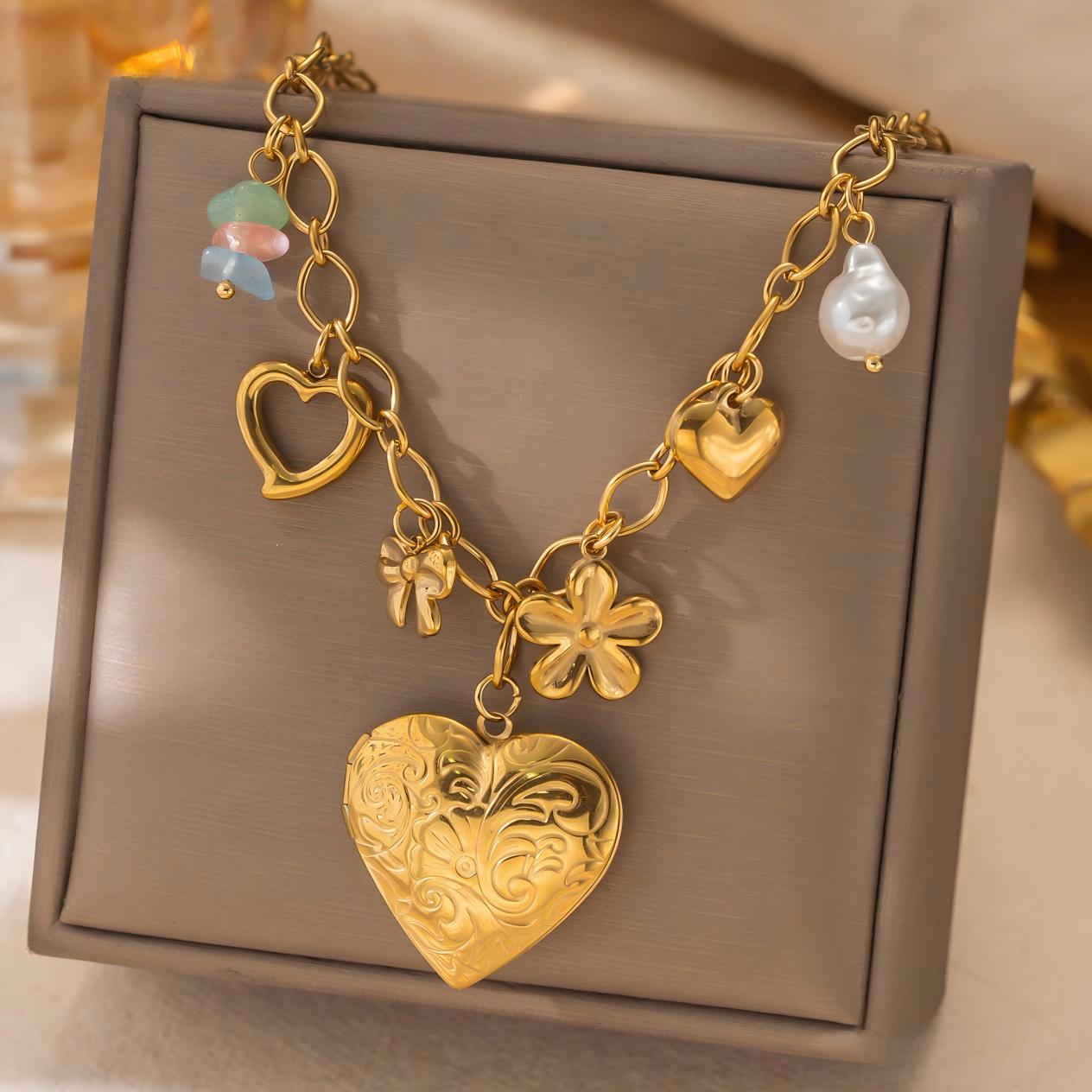 Cross Retro Style 18K Gold-Plated Heart Engraved Photo Box Pendant Necklace with Bead Pearl Accents 18K