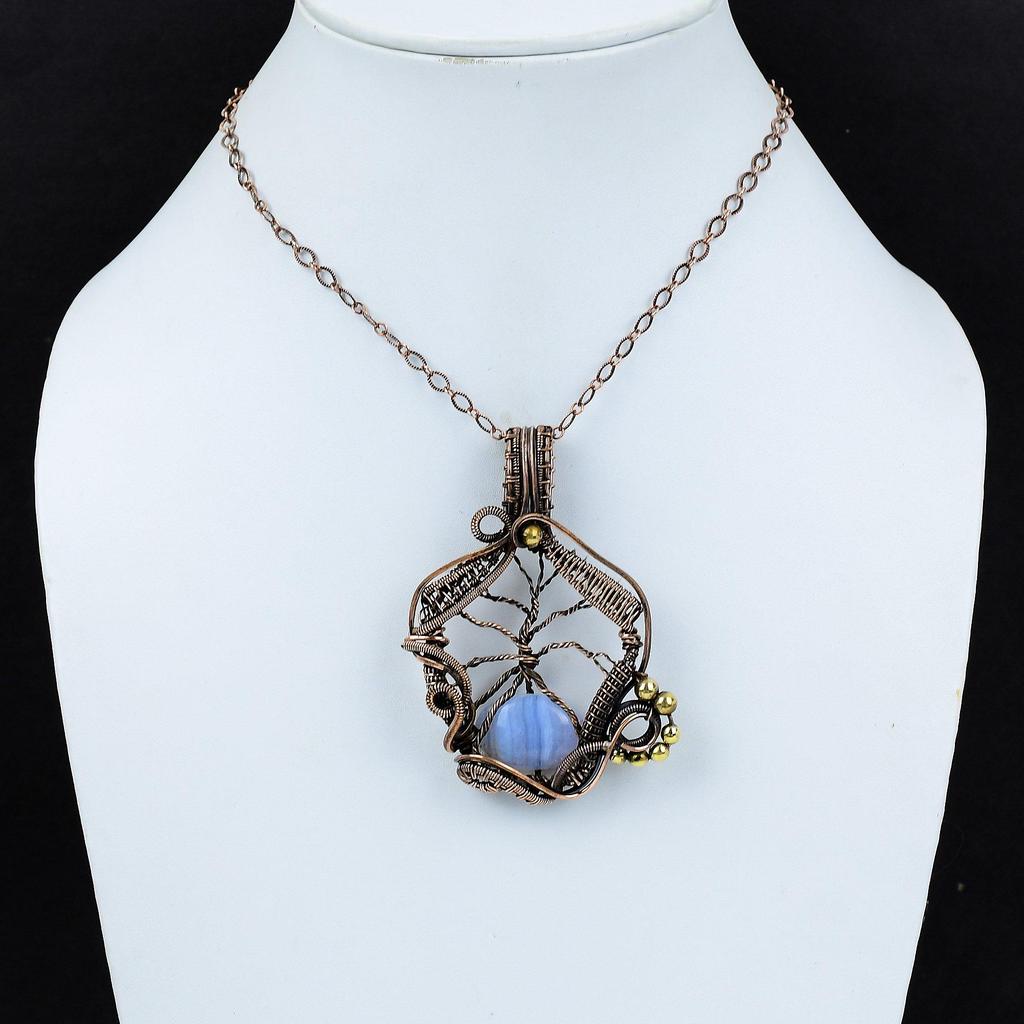 Tree Of Life Blue Lace Agate Pendant Copper Wire Wrapped Pendant Handmade Gemstone Pendant Copper Jewelry Gift For Mom Unique Design Pendant