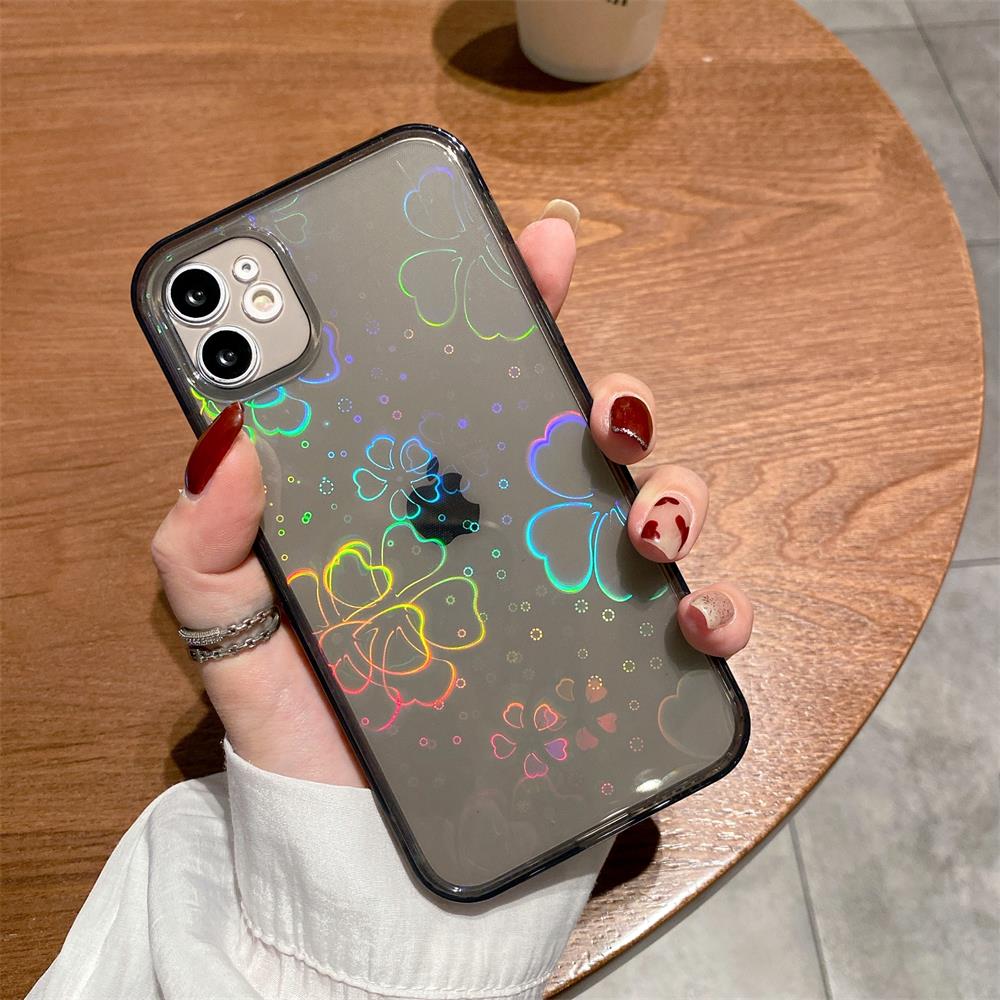 Fashion Gradient Laser Love Heart Leaf Pattern Case For iPhone 15 14 13 11 12 Pro Max X XS XR 7 8 Plus Clear Cover With Hearts