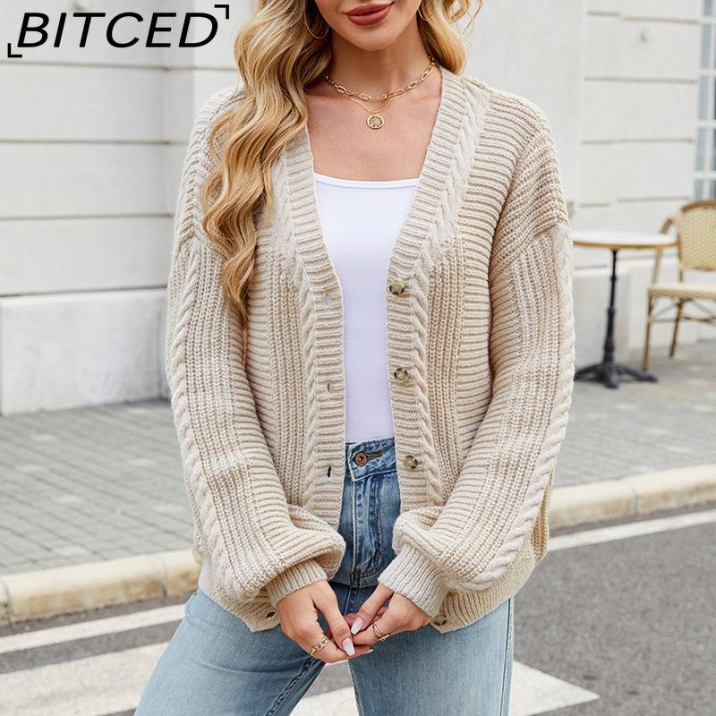 BITCED Relaxed-Fit Oversized Cardigan Autumn/Winter Long-Sleeved V-Neck Cable-Knit Sweater