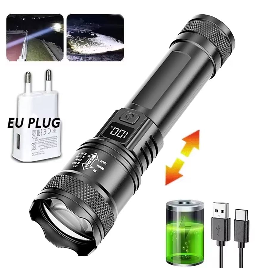 High Strong Power Led Flashlights Bright Tactical Torch with Display Light Rechargeable Camping Fishing Emergency Zoom Lantern