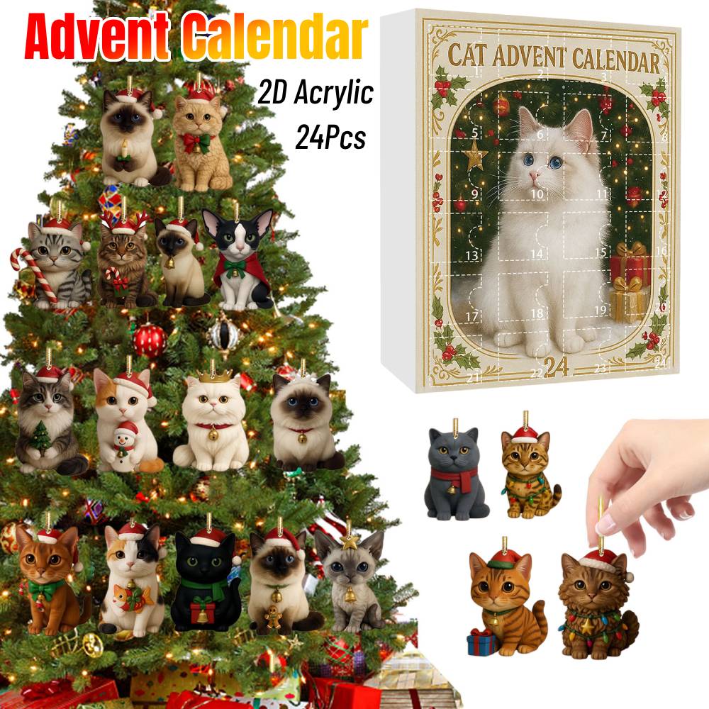 Advent Calendar 2025 24 Days Christmas Countdown with 24Pcs 2D Acrylic Cute Kitten Tree Decoration for Xmas Cat Lovers Gifts