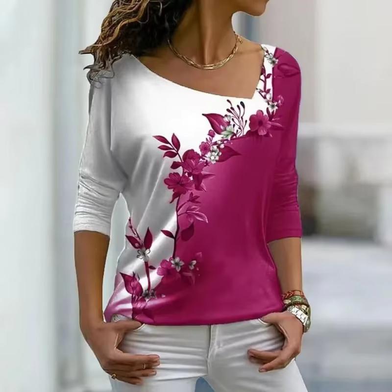 2025 Summer Flower Print Long Sleeve T-shirt Fashion Spring Skew Collar Casual Tees Elegant Office Ladies Women's Clothing 30577
