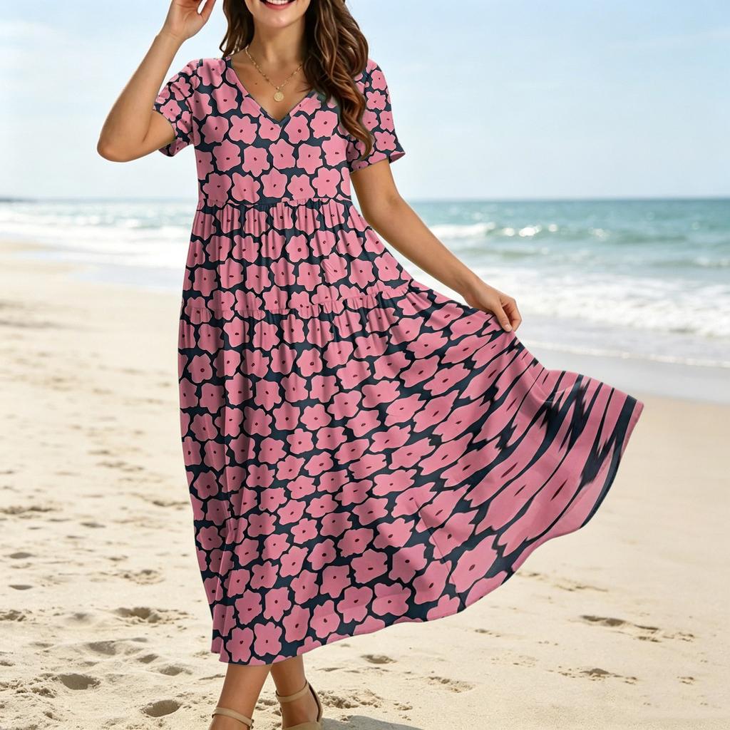 Frauen Casual Lose Bohemian Blumenkleid Kurzarm Lange Maxi Sommer Strand Swing Kleid