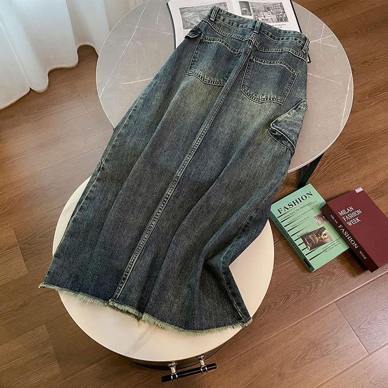 Neuer Retro-Jeansrock mit hoher Taille und Hüfte, schlankmachendem Schlitz, mittellanger Jeansrock für Damen