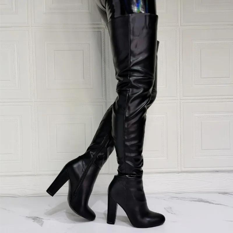 Women Boots Over The Knee Mature Knight Boots Square Heel Spring and Autumn New Black Side Zipper Over The Knee boots Women Shoe