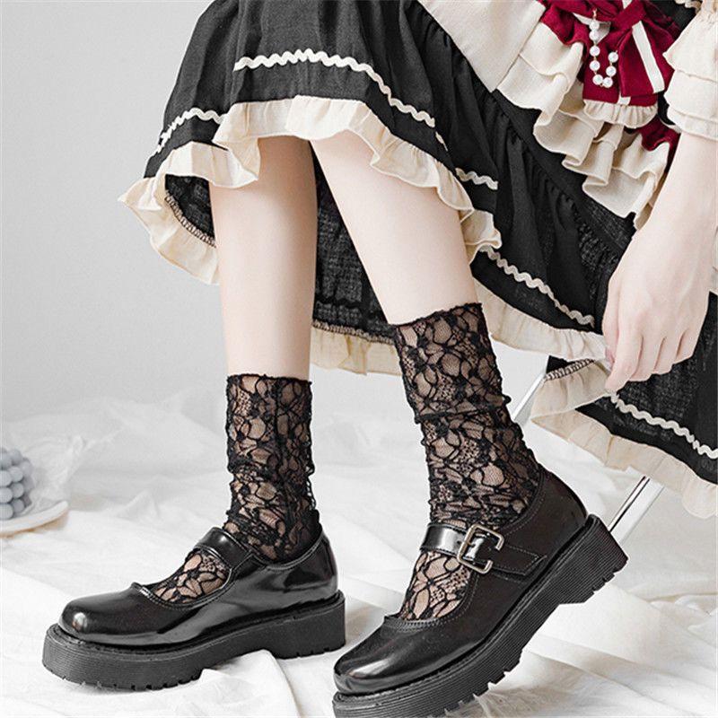 Summer Women's Simple Fashion Solid Floral Pattern Lace Socks Thin Hollow Retro Stack Cute Y2K Sweet Lolita Socks