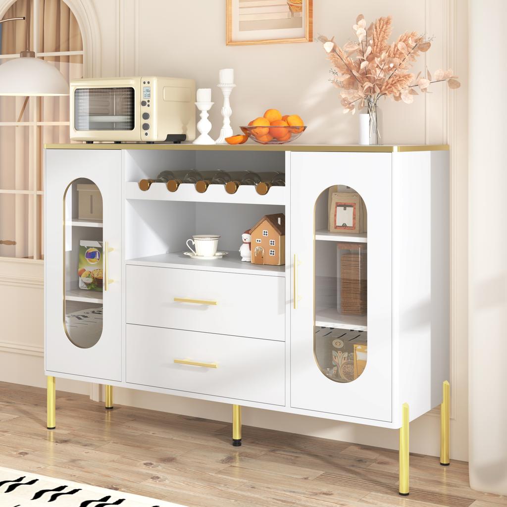 White Sideboard, Glass Fronts & Wine Rack – Sideboard for Dining Room & Living Room – Adjustable Foot – Plenty of Storage & Modern Design