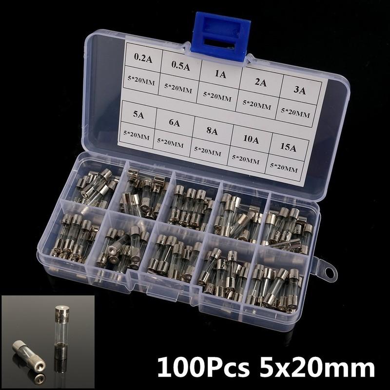 100Pcs 5x20mm Fast Blow 0.2A-15A Auto Car Truck Glass Tube Fuses Assorted Kit