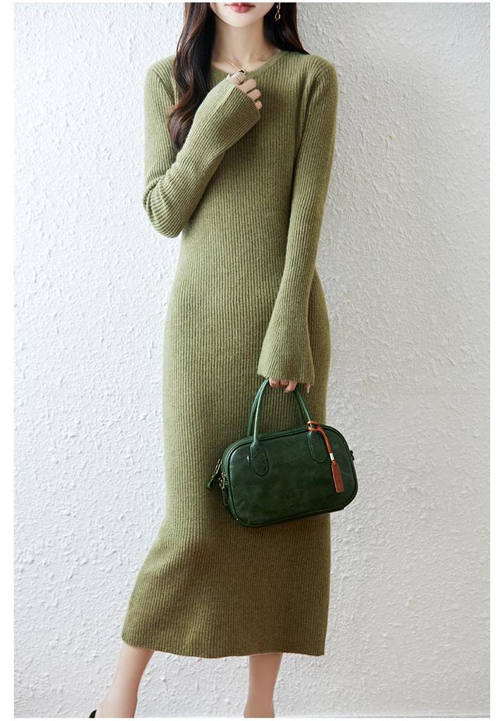 Elegant Women's Round Neck Slim Fit Wool Knit Dress