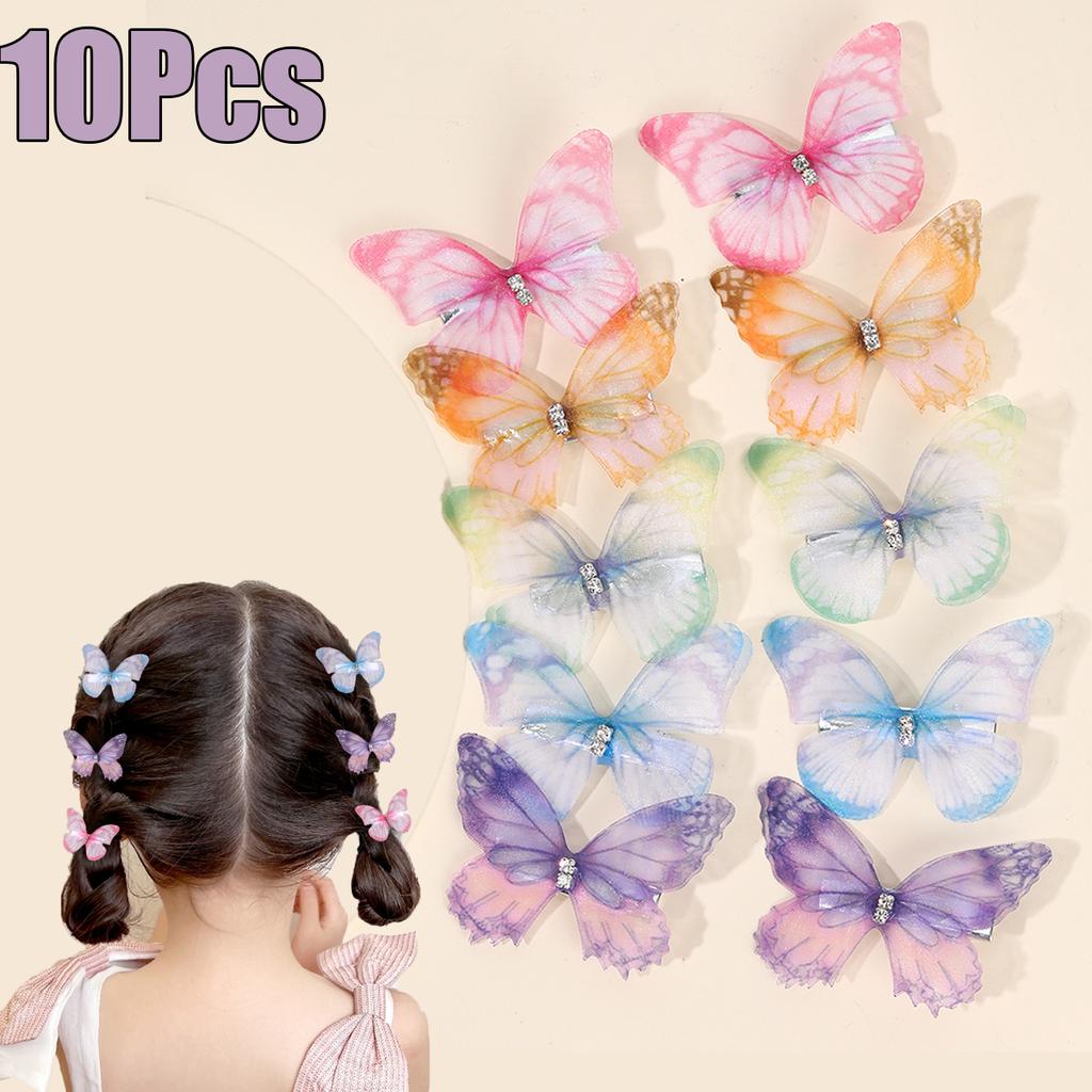 10Pcs Mesh Butterfly Hair Clips Sweet Rhinestone Hairpins Double-layer Giltter Barrette For Girls Kids Hair Accessories