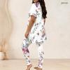 Women Plus Size Two Piece Set Round Neck Short Sleeve Floral Printed Longline Top Fitted Pants Light Green