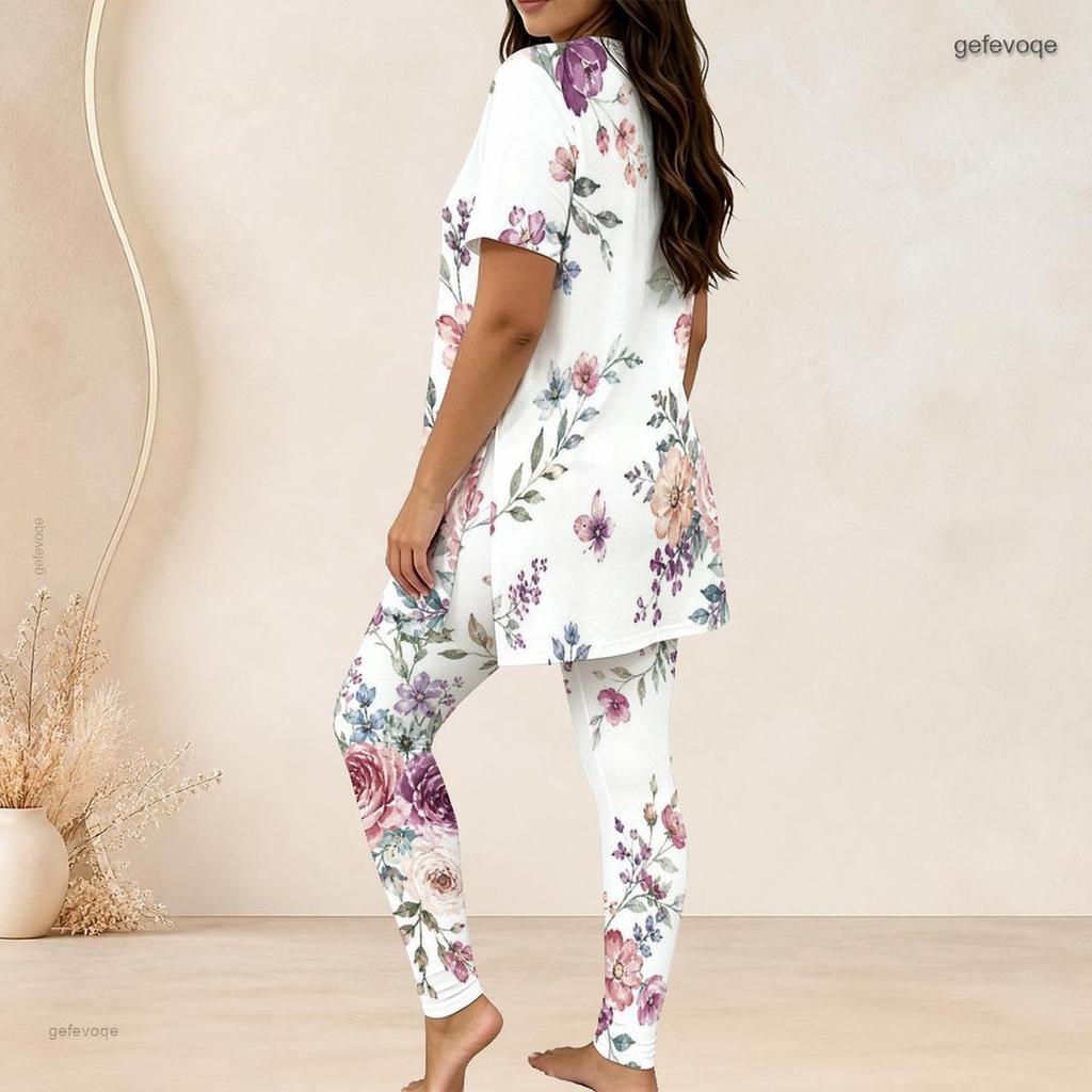 Women Plus Size Two Piece Set Round Neck Short Sleeve Floral Printed Longline Top Fitted Pants Light Green