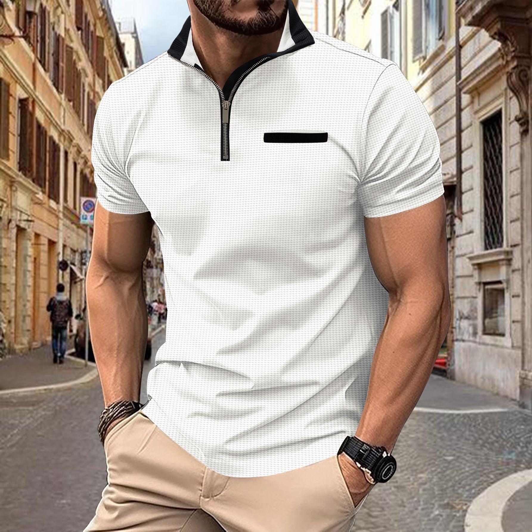 Summer Casual Plain-Coloured Polo Shirt with Zipped Pocket – Men’s Sports Top S