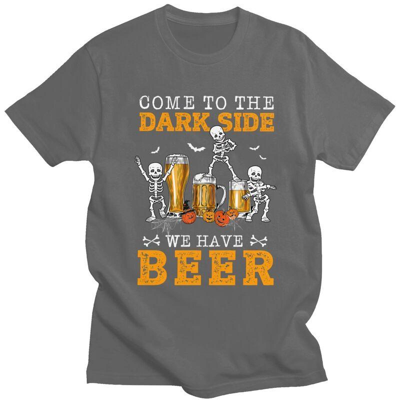Happy Halloween Skeleton Drinking Beer T Shirts Short Sleeve Tshirt Graphic Tee Tops Pure Cotton Loose Oversized Clothing