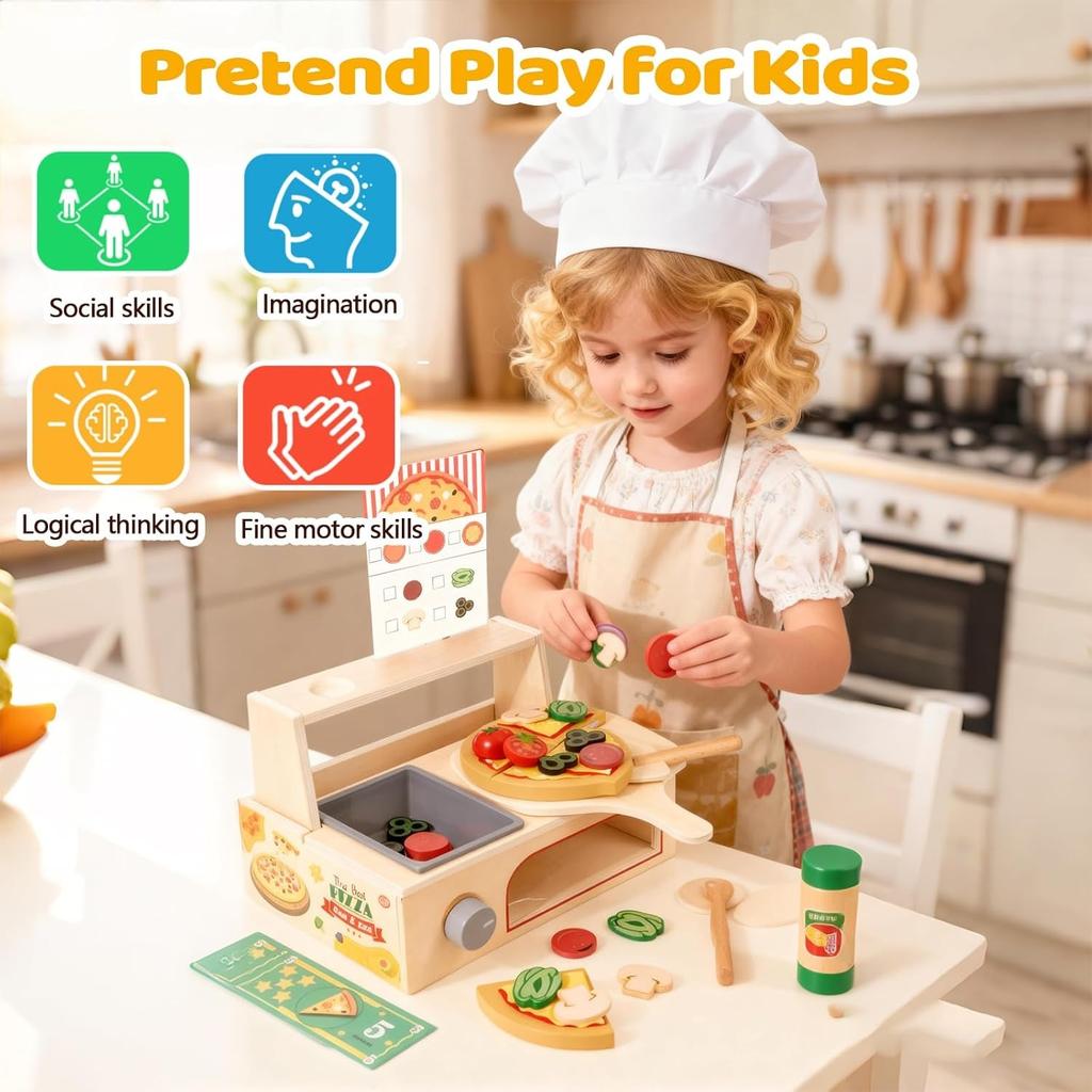 Wooden Pizza Toy Montessori Pretend Play Food Educational Learning Toy Kithcen Playset with Bake Oven Birthday Gift for Boy Girl