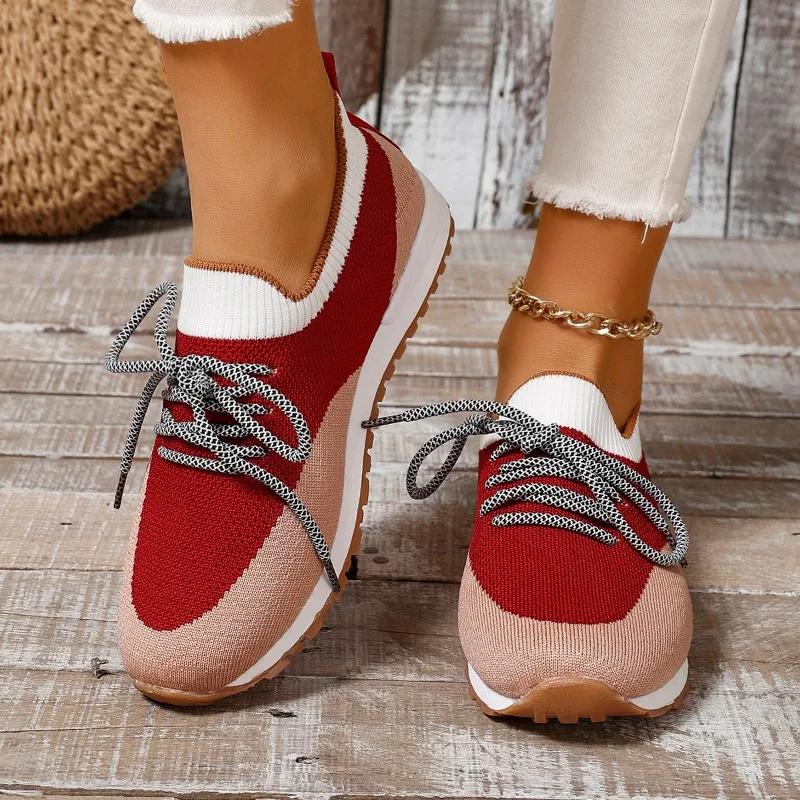 

Женские летние кроссовки на шнуровке, женские прогулочные кроссовки с круглым носком, повседневная дышащая нескользящая спортивная обувь для спортзала для женщин 43 красный