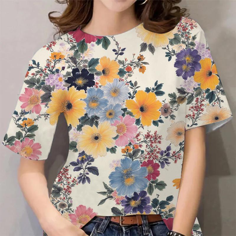 Women's Floral Print Casual T-Shirt - Short Sleeve