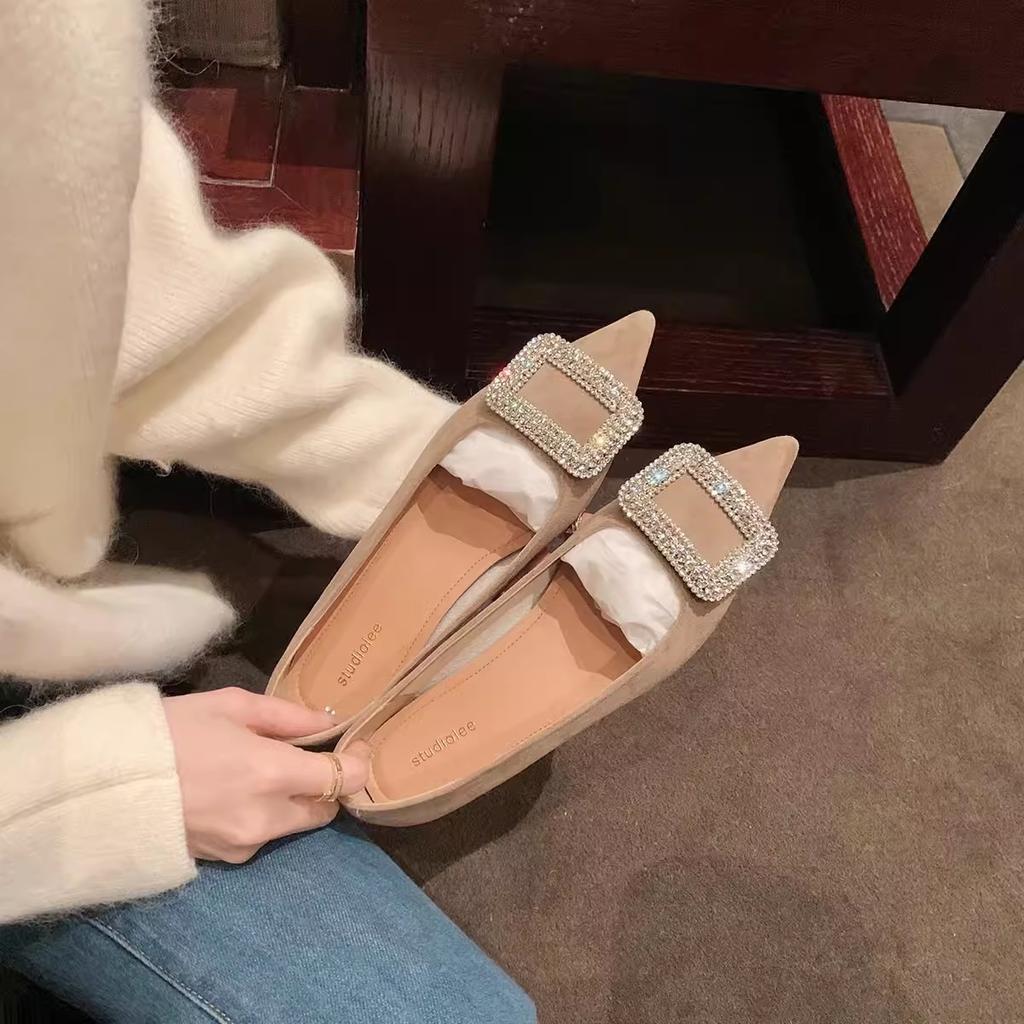 Leather version~ Grape mother same shoes sparkling rhinestone square buckle pointed versatile light mouth flat sole shoes women's ladyshoes