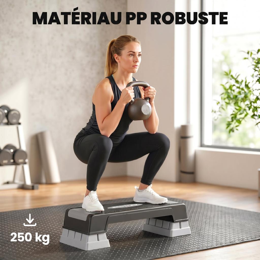 Aerobic Fitness Stepper, 3-Level, Adjustable Height 12/17.5/22.5 cm, Non-Slip, 250 kg Load, Gray