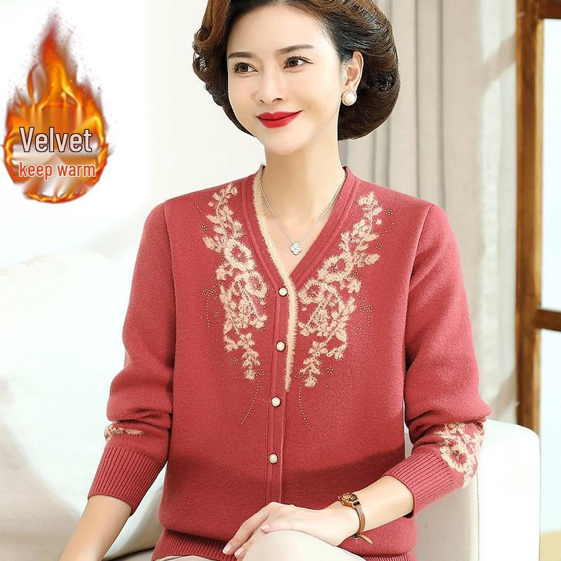 Stilvoller Winter-Samtcardigan mit V-Ausschnitt für Mütter – Modischer Pullover für Frauen mittleren und höheren Alters
