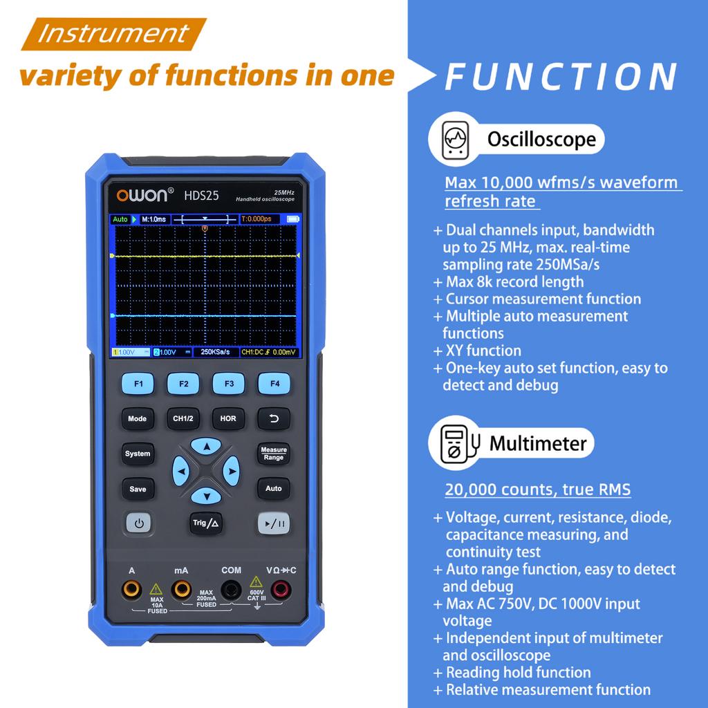 2in1 Oscilloscope Multimeter Dual Channel 25MHz Bandwidth Handheld Portable Oscilloscope 10,000 Wfms S 20,000 Counts