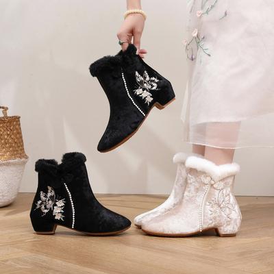Winter-Stiefelstiefel mit Stickerei für Damen, rutschfest, niedriger Blockabsatz, Schneestiefel mit Kunstfellfutter, Damen, warm, bequem, Fleece, Wanderschuhe