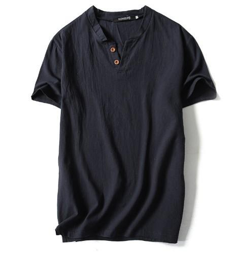 Mens Japanese Solid Linen Cotton Plus Size Short Sleeve Two Button Tshirt