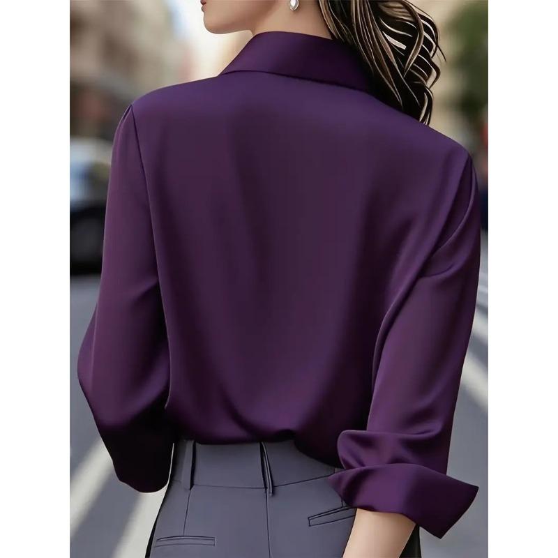 Camicie da donna in raso eleganti tinta unita a maniche lunghe camicetta da ufficio camicia top abbottonata femminile con collo a revers camicie camicetta autunno