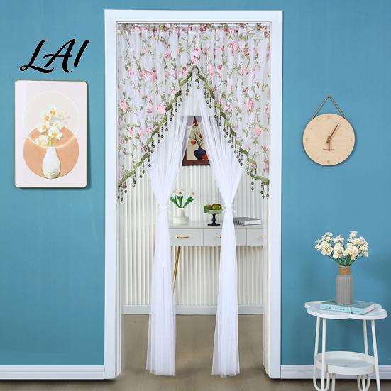 Light Filtering Balcony Partition Sheer Lace Door Curtain Embroidered Floral Doorway Curtain with Beads No Drill Rod Pocket Room Divider for Bedroom