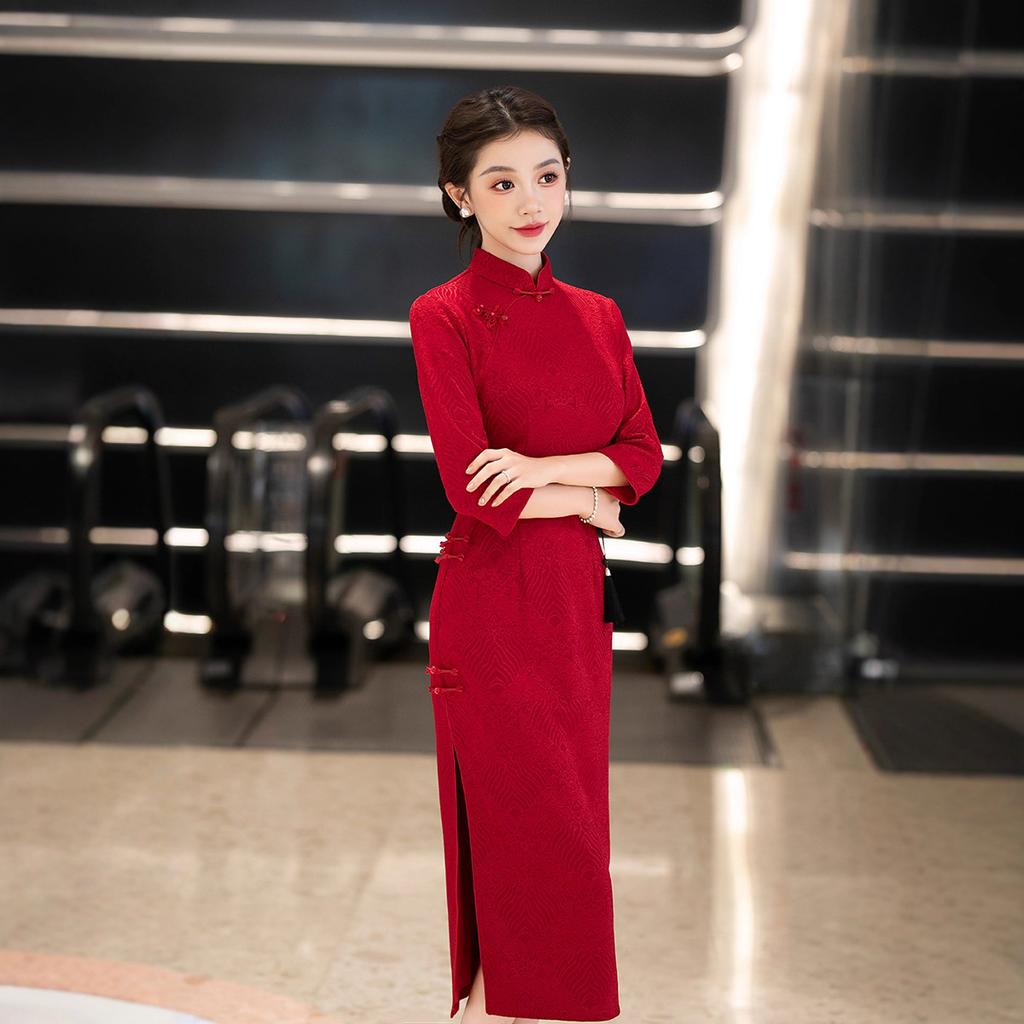 Red New Chinese Improved Long Sleeve Home Cheongsam 1011 Autumn Engagement Dress Small Young Premium