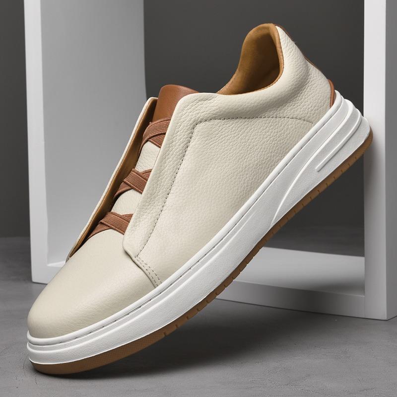 Casual foot cover first layer cowhide board shoes men's free shoelaces business leisure one pedal