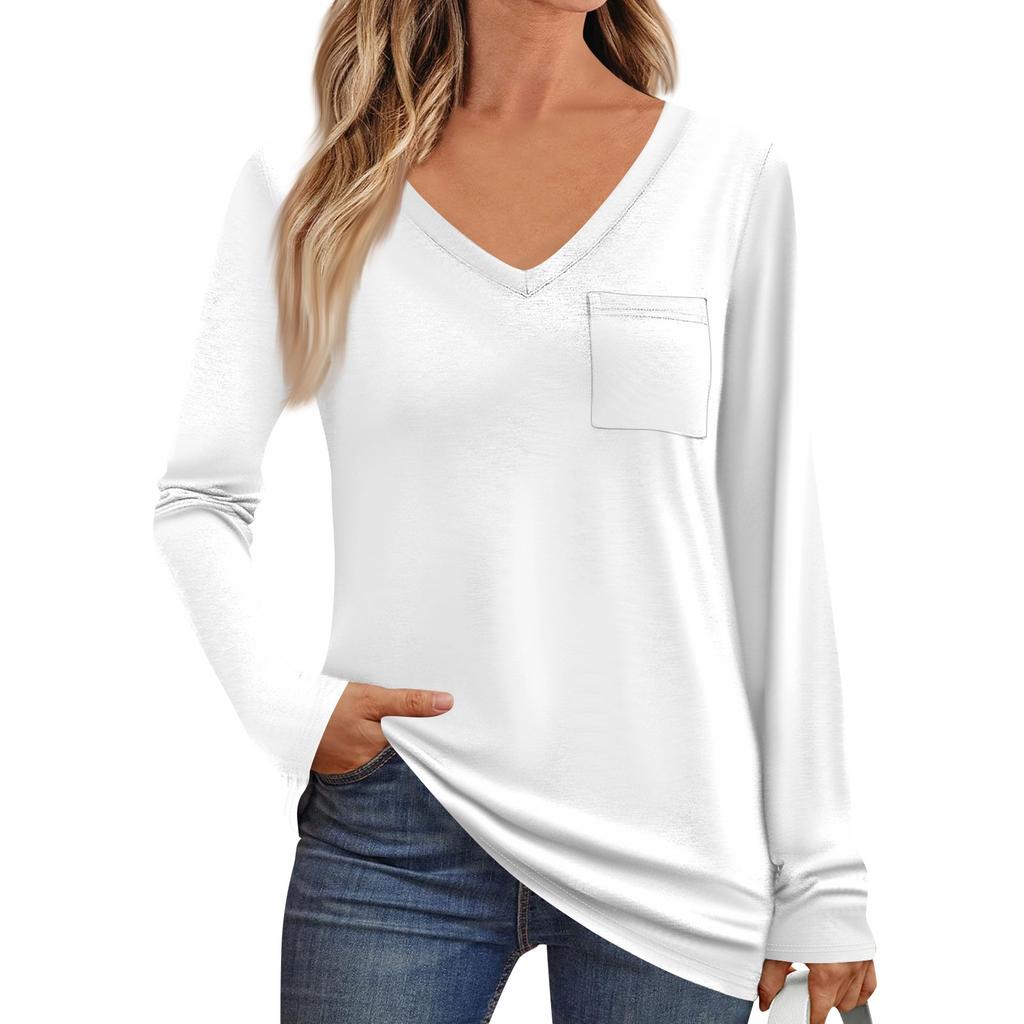 Women's Fashion Long Sleeve V-Neck Pullover Printed T-Shirt Top With Pocket
