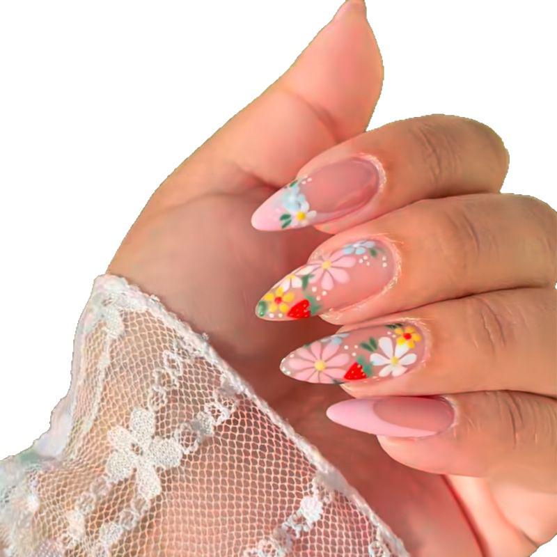 European & American Pink Floral French Almond Press-On Nails