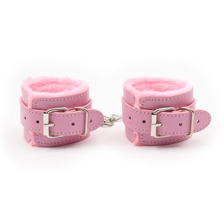 BDSM Bondage Adjustable PU Leather Plush Pink Handcuffs Footcuffs Ankle Cuffs Slave Restraints Sex Adult Flirting Toy for
