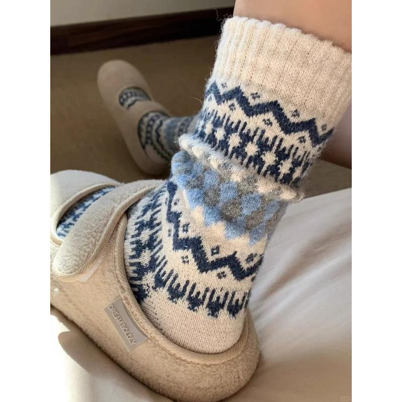 Nordic Fair Isle Wool Slouch Socks - Warm, Retro Ethnic, Extra Thick, Long Winter Style