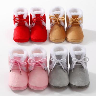 Botinhas para Bebê com Laço Sola de Pelúcia Antiderrapante Primeiros Passos Sapatos Quentes Color-Block para Bebê 0-12 Meses