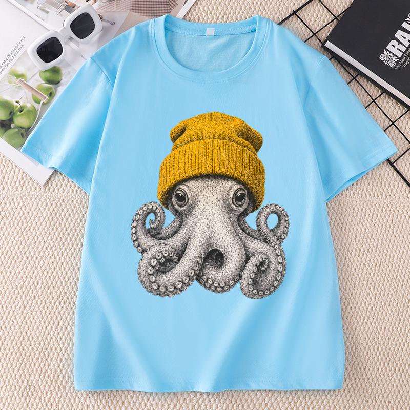 Cute Octopus Beanie T Shirt Ocean Animal TShirt Vintage Octopus Tees Casual Round Neck Printed Cotton Short Sleeve Tshirts