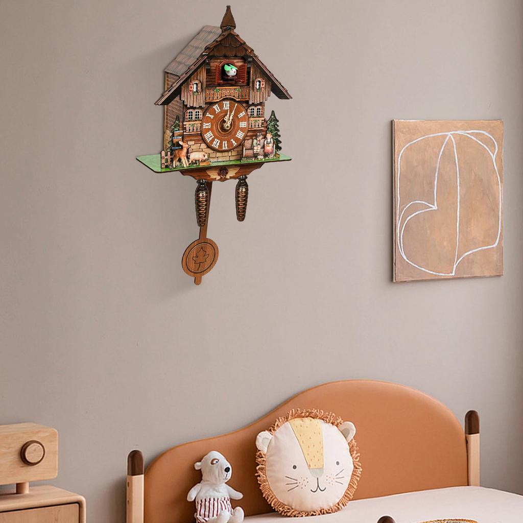 Wooden Cuckoo Clock Multi-Colored Decor,Modern House-Shaped Wall Clock for Home & Office - Battery Powered,Auto-Chime 7:00-21:00